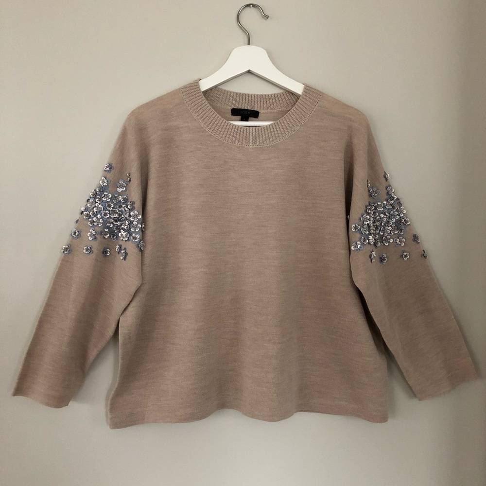 NWOT J.Crew Sequin Beaded Floral Sleeve Sweater L